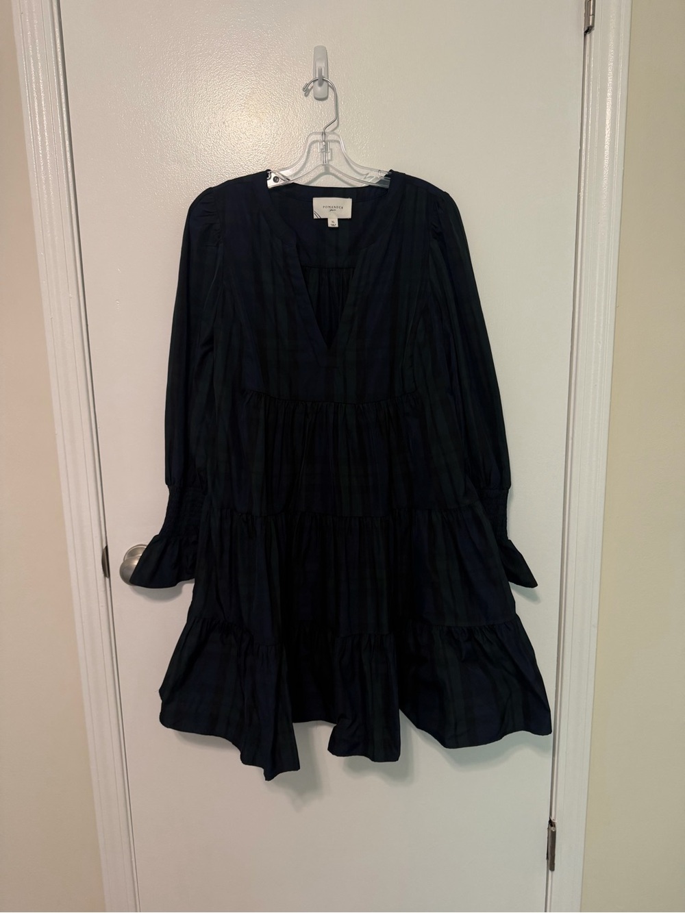 Pomander Place Navy and Green Tiered V‑Neck Plaid Mini Dress - Picture 3 of 6